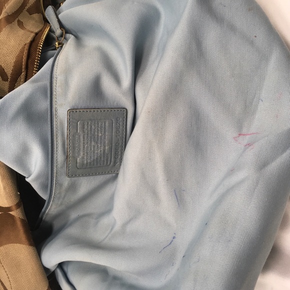 Coach Signature Carly Khaki Brown,Tan SlateBlue Leather Hobo Bag ✅Offers Welcome - Picture 8 of 12